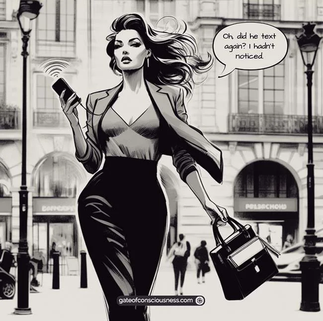 A woman walking confidently down the street while a smartphone in her hand is buzzing, symbolizing successfully manifesting a text from someone who ghosted you.