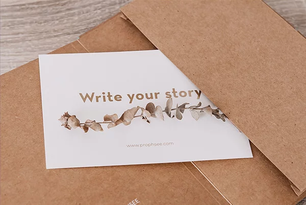 A card with the words "write your story" on a white background. The card symbolizes the idea of the scripting manifestation method, a technique to create your own reality by writing down your desired outcomes as if they have already happened.
