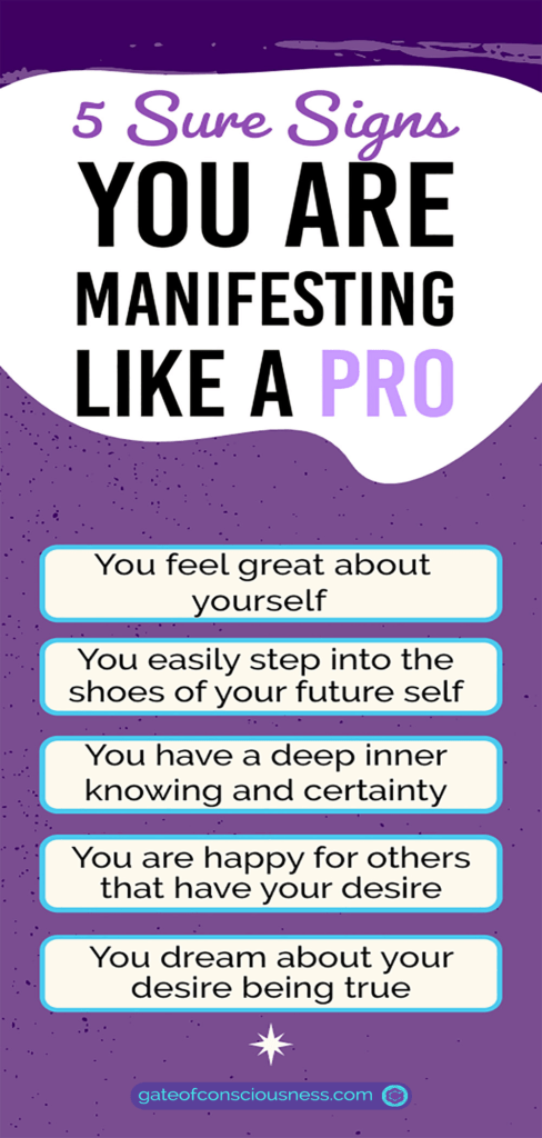 An infographic with the 5 most important signs you are manifesting your desire.
