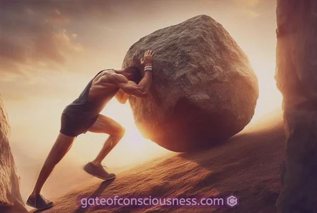 A man rolling a boulder up a hill. This image depicts the law of reverse effort, which is one of the reasons why people fail to manifest their desires.