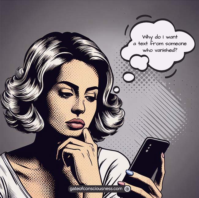 A woman looking at her phone, wondering why she wants a text from someone who ghosted her. This depicts the first step in manifesting a text from someone who ghosted you, questioning your intentions.