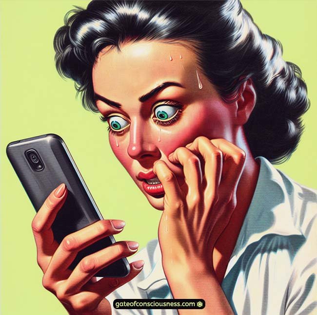 A woman struggling with the temptation to look at her buzzing smartphone, illustrating the fourth step of manifesting a text from someone who ghosted you.