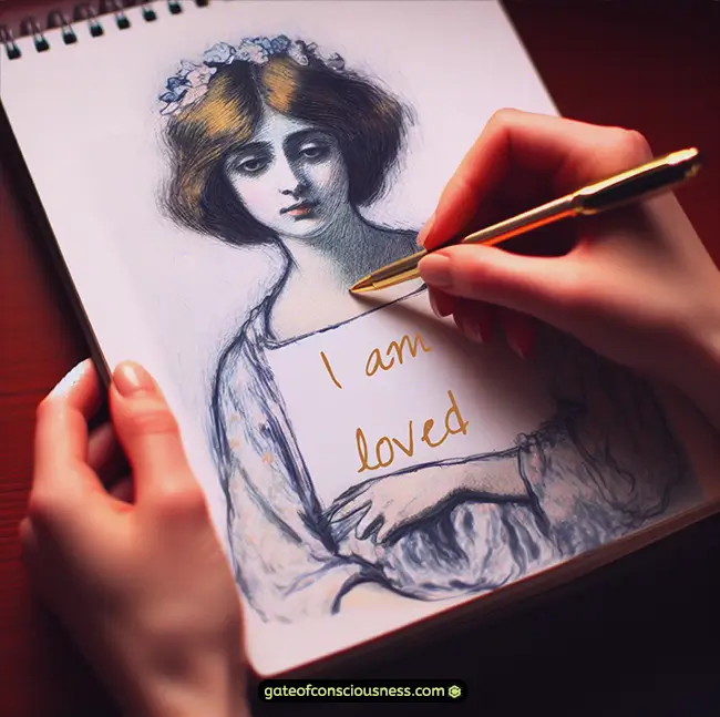 A drawing of a woman holding a sign with an "I am loved" affirmation.