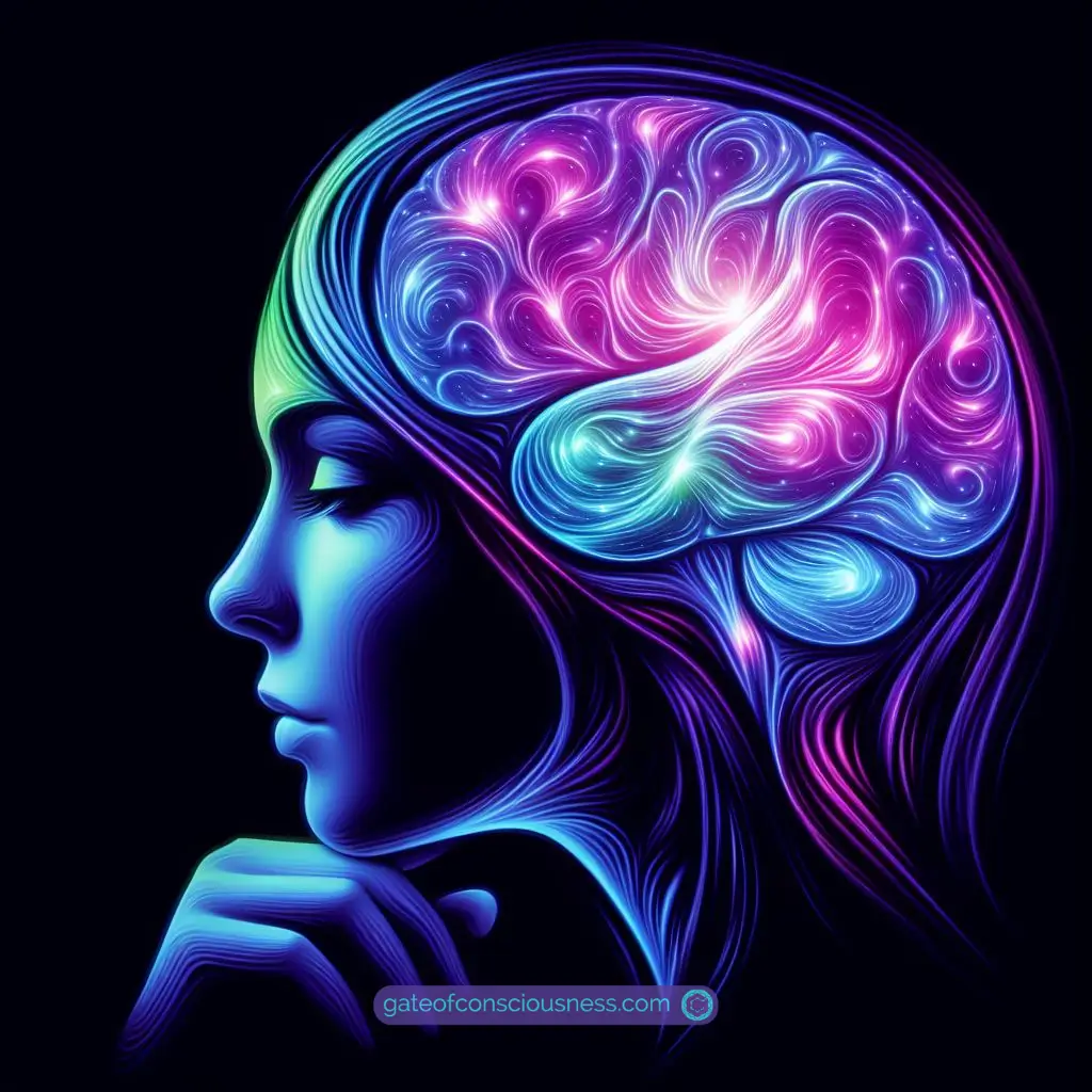 An artistic image, featuring a woman with a glowing brain.