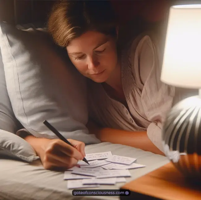  a woman lying on a bed, comfortably propped up with pillows, as she writes affirmations for the pillow manifestation method