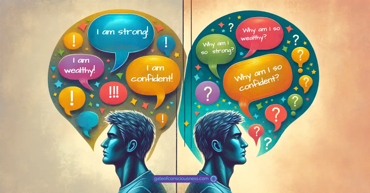 On one side, a person is surrounded by speech bubbles containing affirmations, and on the other side, the same person is surrounded by question mark bubbles containing afformations.