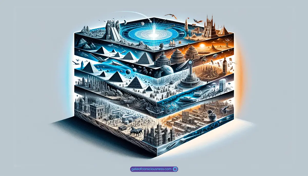 A digital illustration of a fourth-dimensional block with layers that each represent a distinct time period—depicting scenes from human history, modernity, and envisioned futures