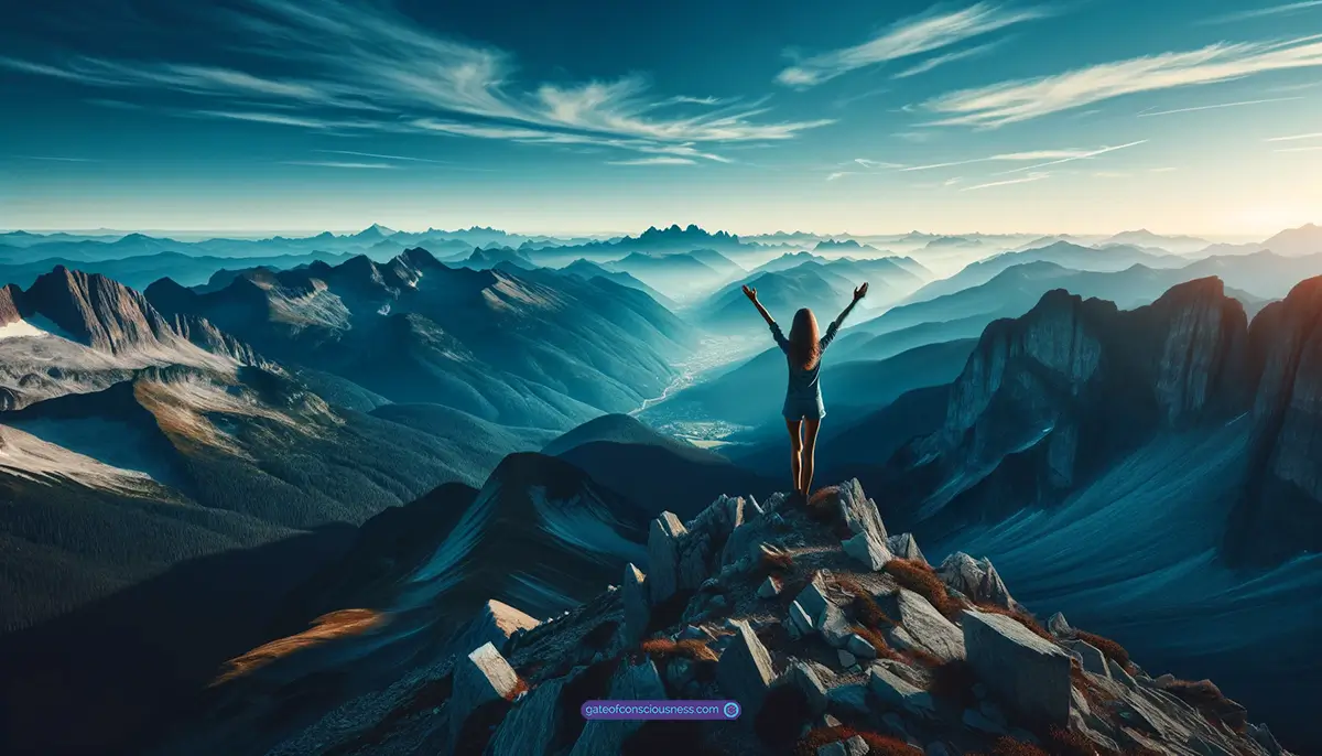 A woman standing triumphantly on a mountaintop, with the exhilarating feeling of the wish fulfilled and her arms raised high.