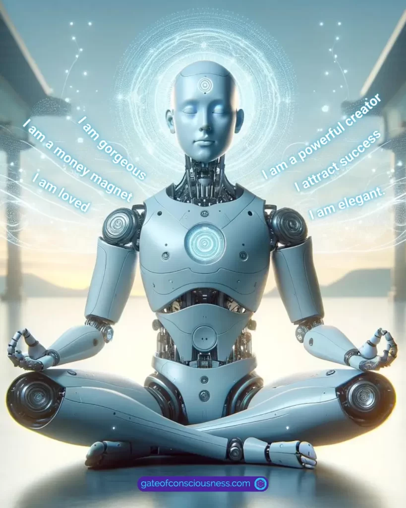 A humanoid robot affirming in a meditative pose