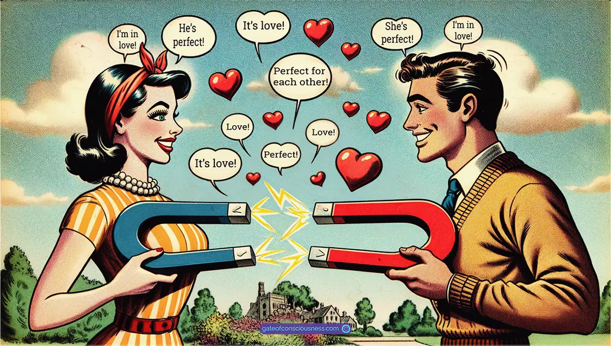  a woman and a man each holding a magnet with complementary thoughts, illustrating how the law of attraction works for attracting a specific person