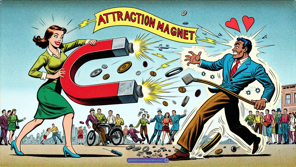 A woman using a giant horseshoe magnet labeled "Attraction Magnet" to humorously pull a specific person towards her, along with a trail of metallic objects caught in the magnetic pull, symbolizing the law of attraction for attracting a specific person.