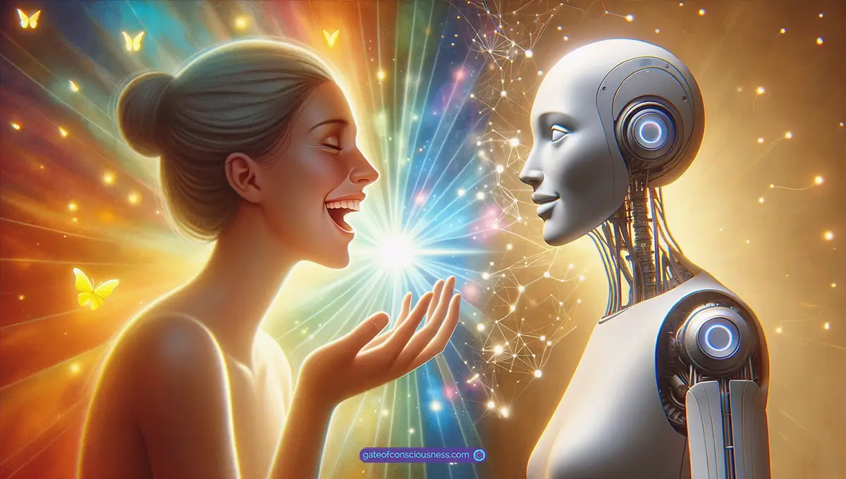 A woman full of joy and a robot shown in an emotionless and monotone manner