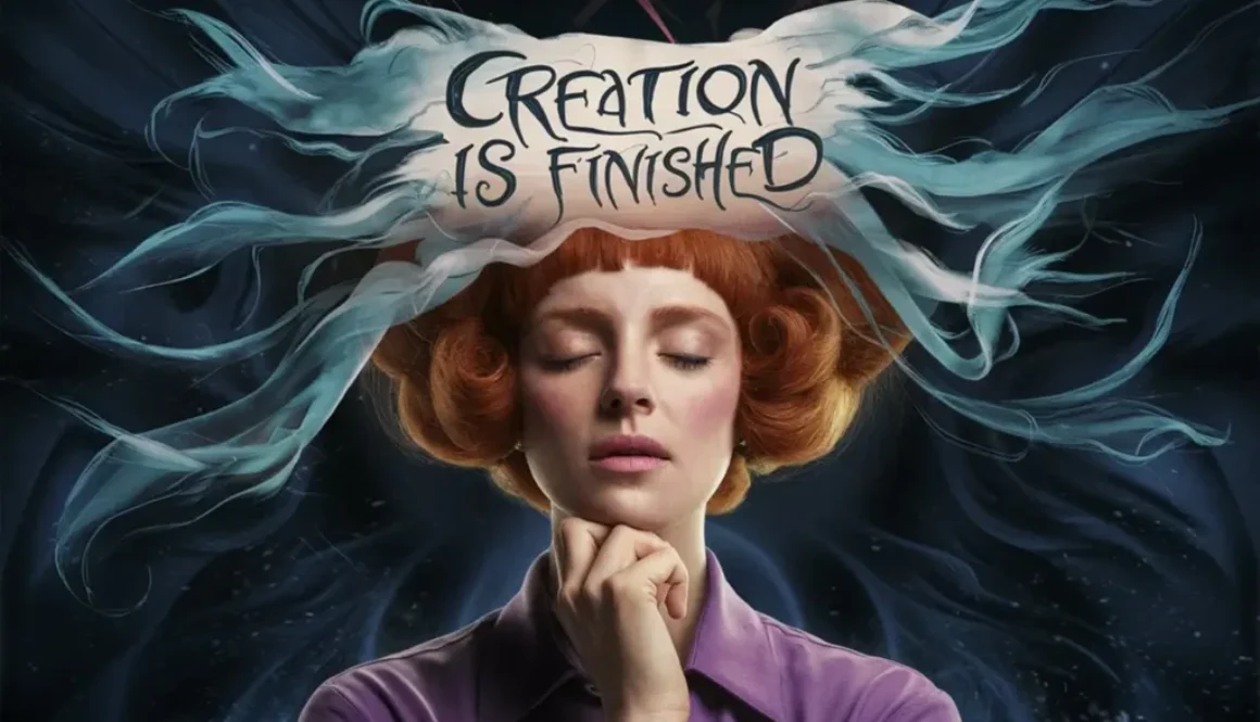 An ethereal sign, written in flowing, otherworldly script, hangs above a woman's head, declaring "Creation is Finished." 