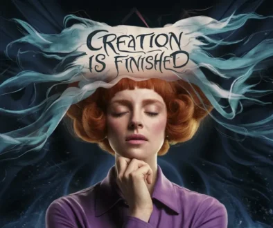 An ethereal sign, written in flowing, otherworldly script, hangs above a woman's head, declaring "Creation is Finished." 