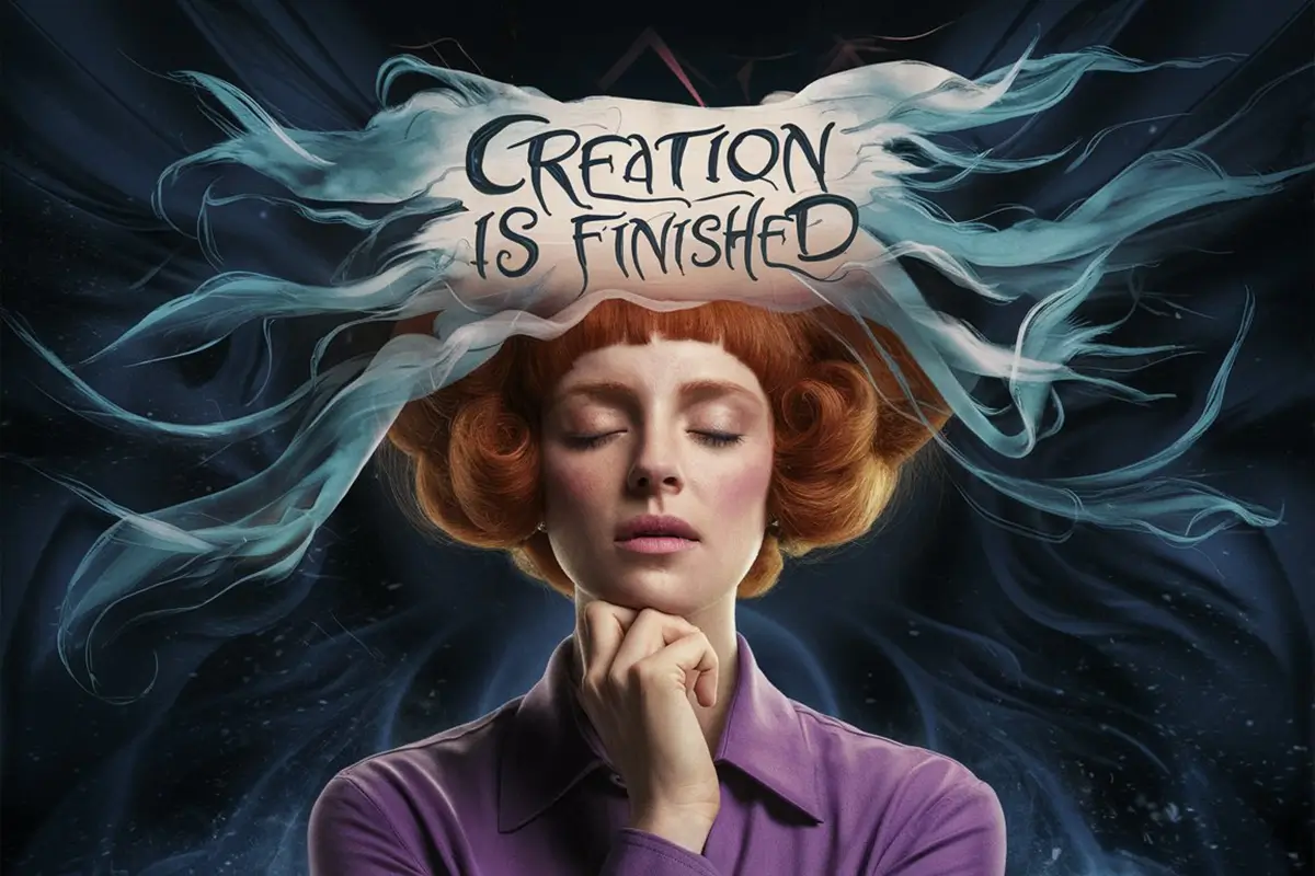 An ethereal sign, written in flowing, otherworldly script, hangs above a woman's head, declaring "Creation is Finished." 