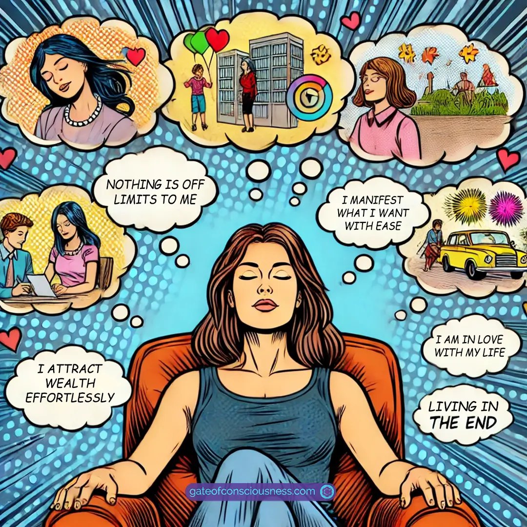 Comic book style image showing a woman visualizing her desired state with vivid, everyday details