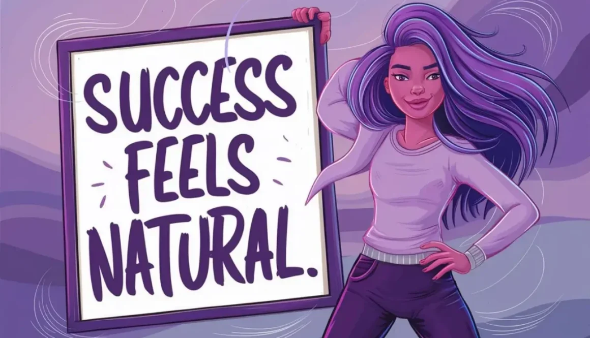 A woman standing confidently with one hand on her hip and the other holding a whiteboard with the words "Success feels natural"