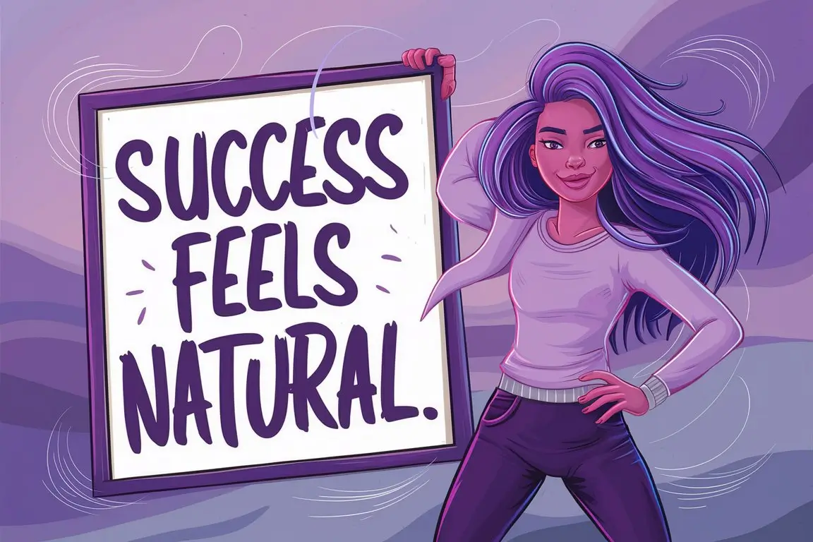 A woman standing confidently with one hand on her hip and the other holding a whiteboard with the words "Success feels natural"