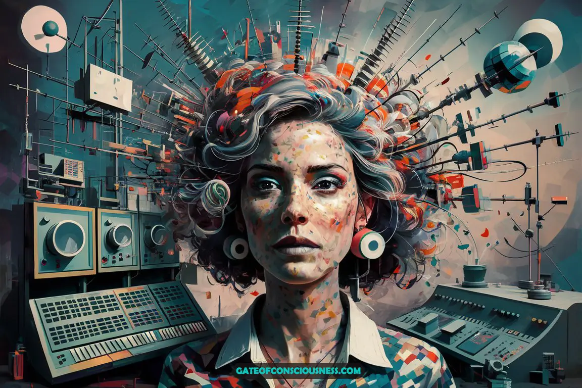 An abstract artwork that portrays a woman's mind presented like a broadcasting station, symbolizing thought transmission