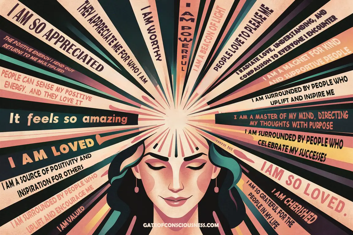 Empowering thoughts radiating from the woman's mind, symbolizing the law of thought transmission. 
