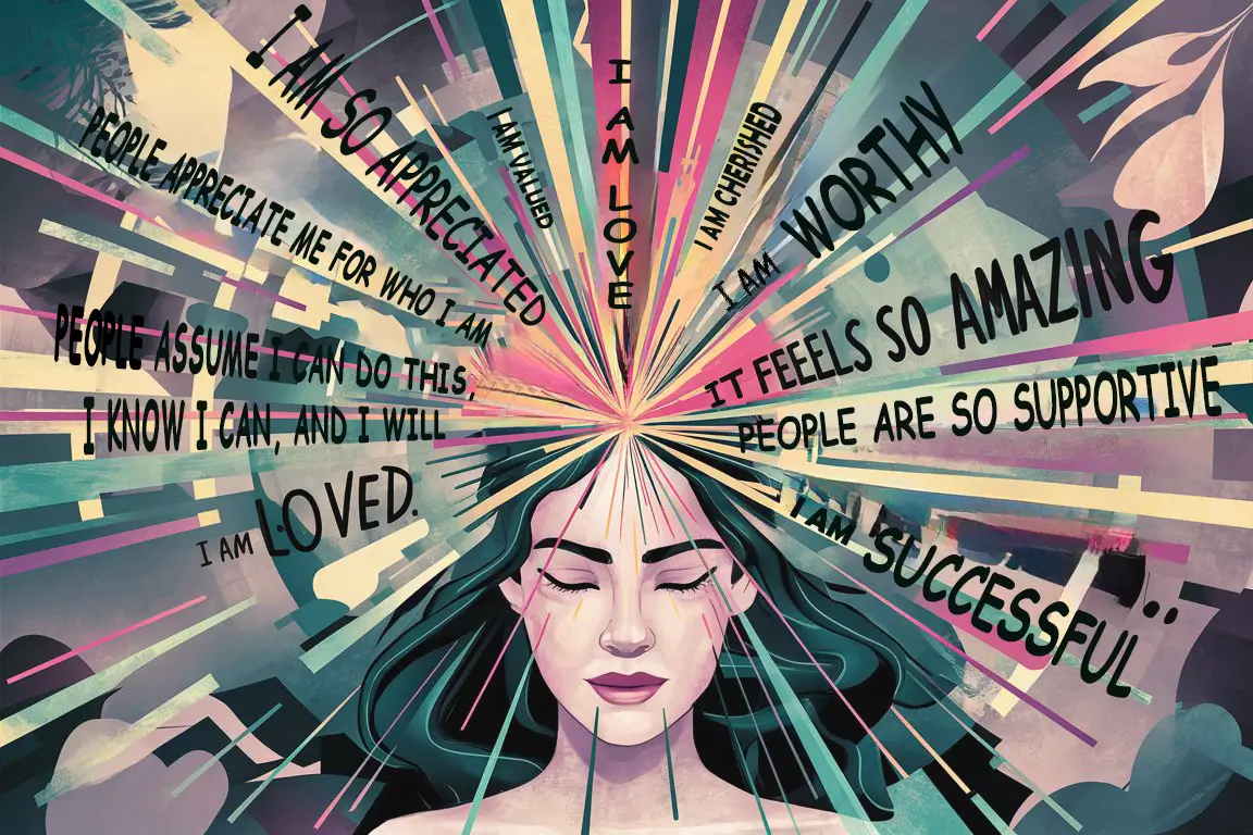 Empowering thoughts radiating from the woman's mind, symbolizing the law of thought transmission. 