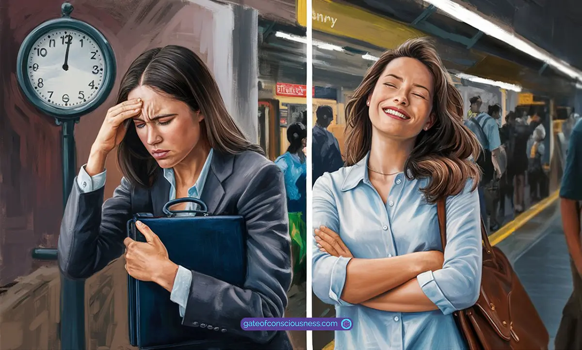 A split-screen image portraying the contrast between two commuters. On the left, a stressed woman is shown, with afurrowed brow and a clenched jaw, clutching a briefcase. On the right, a relaxed and smiling woman is enjoying her morning
