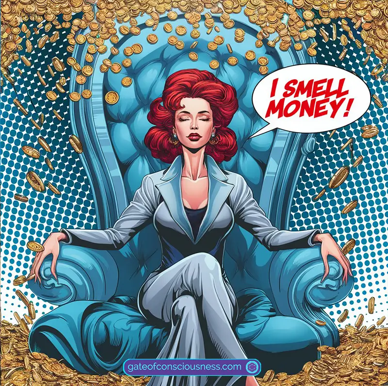 A comic style image of a woman practicing Neville Goddard's "Smell the Money" Manifestation Technique