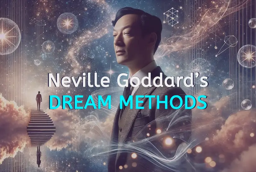 A mystical and ethereal digital art composition featuring the text 'Neville Goddard's dream methods