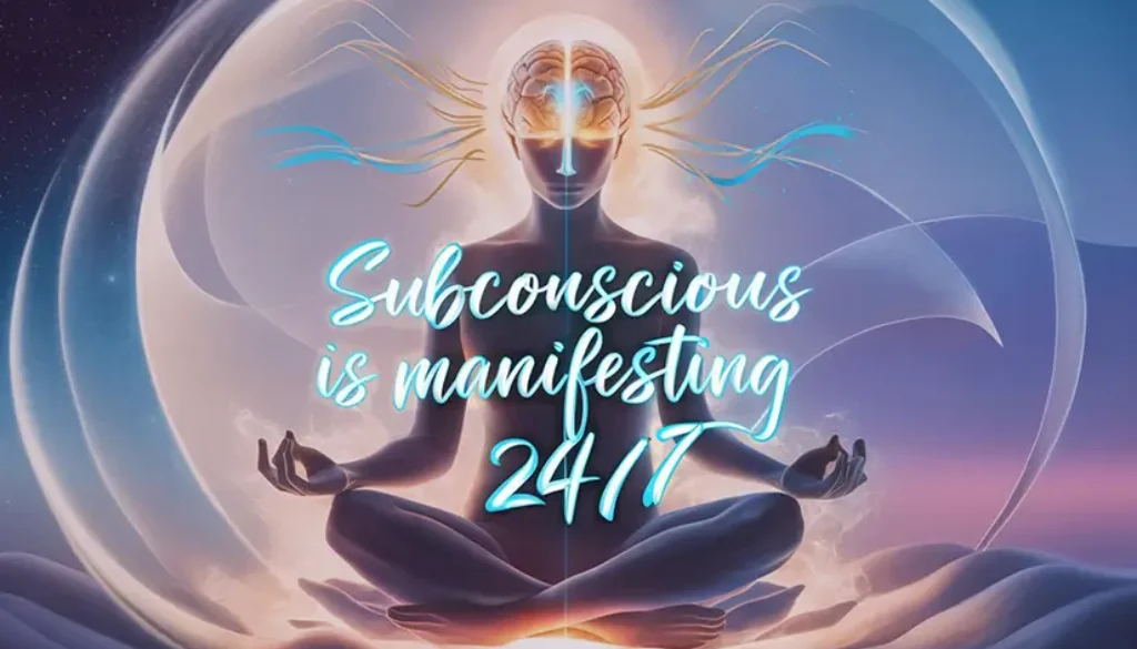 a silhouette meditating in a lotus position. Blue neon florescent typography reads "Subconscious is manifesting 24/7"