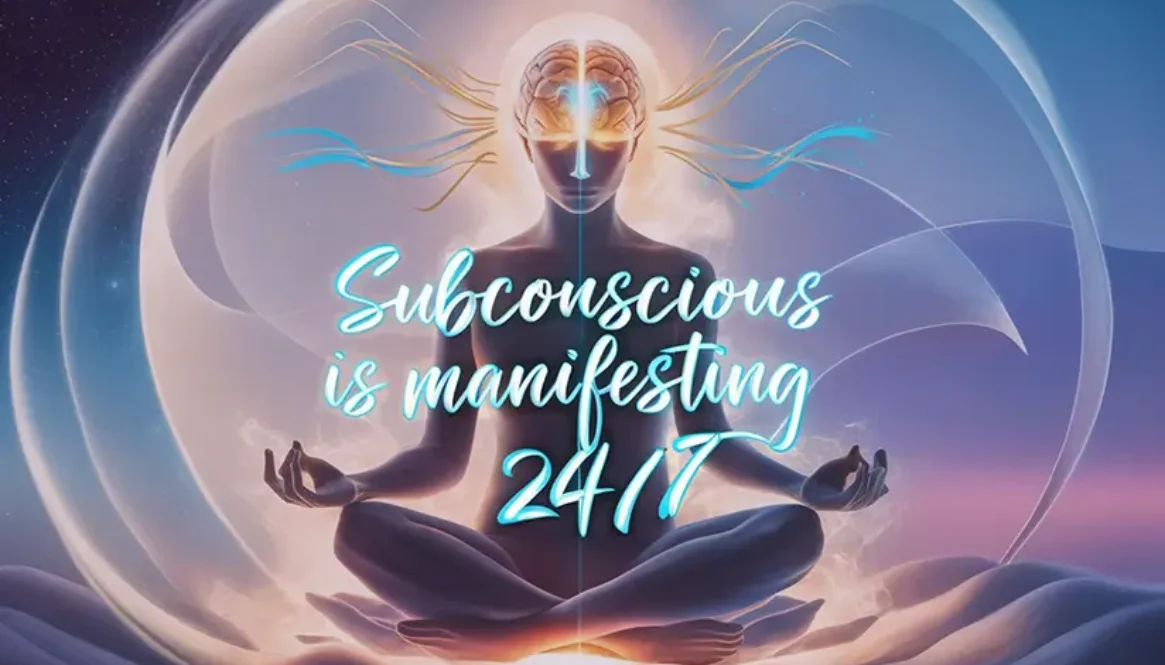 a silhouette meditating in a lotus position. Blue neon florescent typography reads "Subconscious is manifesting 24/7"