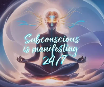 a silhouette meditating in a lotus position. Blue neon florescent typography reads "Subconscious is manifesting 24/7"