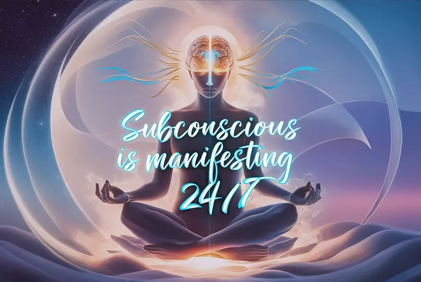 a silhouette meditating in a lotus position. Blue neon florescent typography reads "Subconscious is manifesting 24/7"