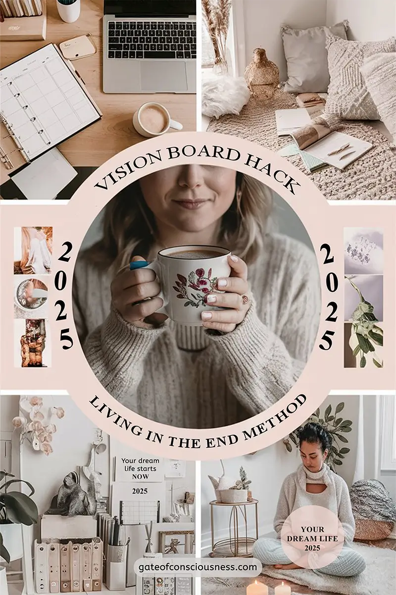 Aesthetic vision board collage idea featuring cozy scenes with coffee, planner, laptop, and meditation space in warm pink tones
