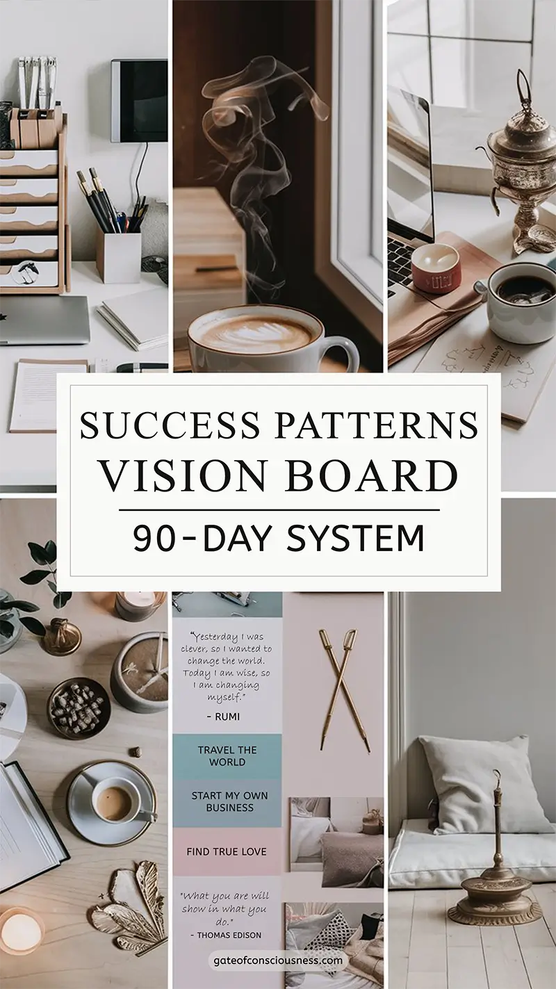 Professional vision board collage featuring organized workspace, coffee moments, and motivational quotes in neutral tones
