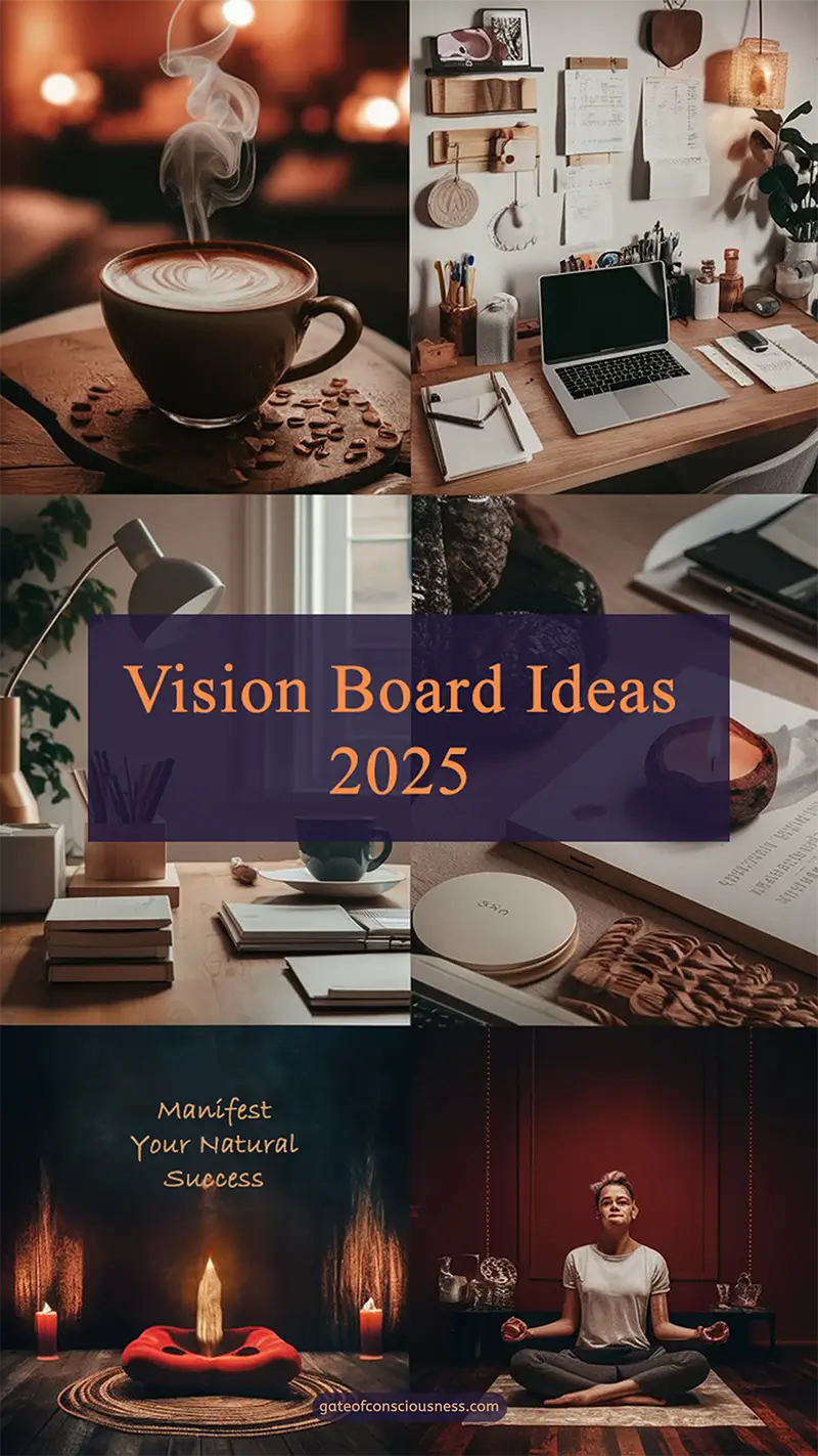 Vision board collage showing peaceful work spaces, coffee moments, meditation scenes in warm dark tones