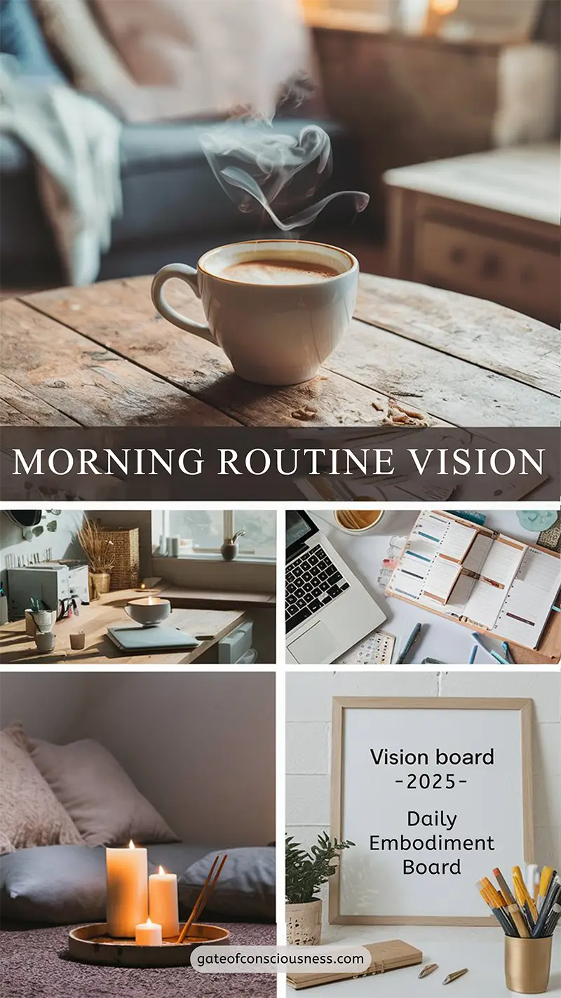 "Collage of morning routine elements including coffee, candles, planner and vision board frame in calming neutral tones