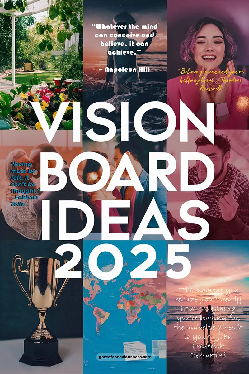 Vision board ideas 2025 design featuring vibrant lifestyle images, trophy, world map and inspirational quotes in a modern collage