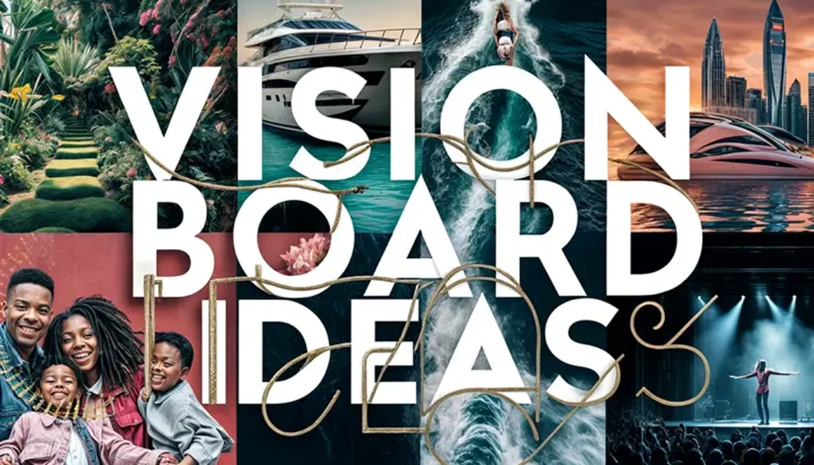 Vision board ideas typography design overlaid on a moody blue collage of travel and lifestyle images