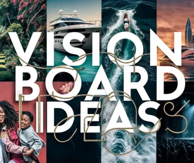 Vision board ideas typography design overlaid on a moody blue collage of travel and lifestyle images