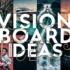 Vision board ideas typography design overlaid on a moody blue collage of travel and lifestyle images