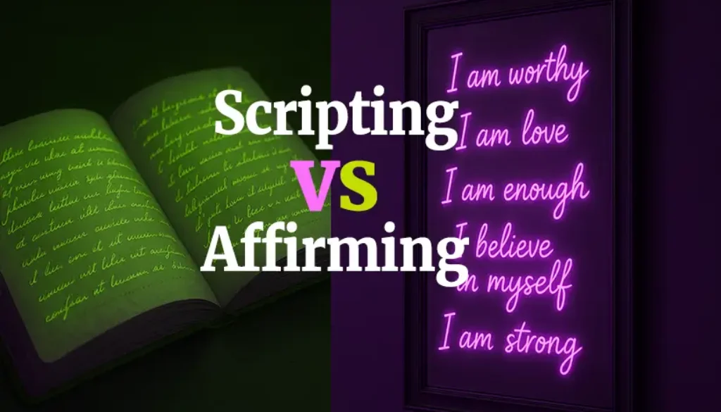 Scripting vs Affirming a split image with one half showing a glowing, open journal with handwritten scripting that glows in soft green light, and the other half shows a mirror with affirmations like “I am worthy” and “I am love” floating in violet light with the "scripting vs affirming" title written over it.