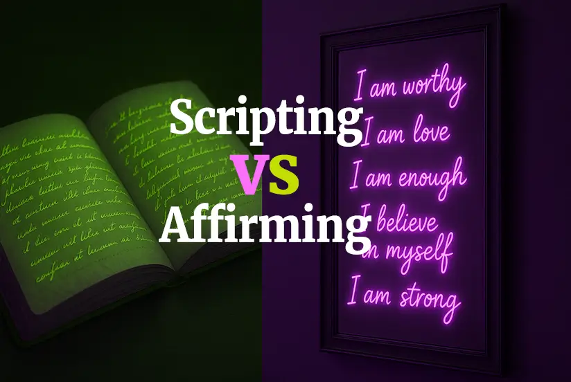 a split image with one half showing a glowing, open journal with handwritten scripting that glows in soft green light, and the other half shows a mirror with affirmations like “I am worthy” and “I am love” floating in violet light with the "scripting vs affirming" title written over it.