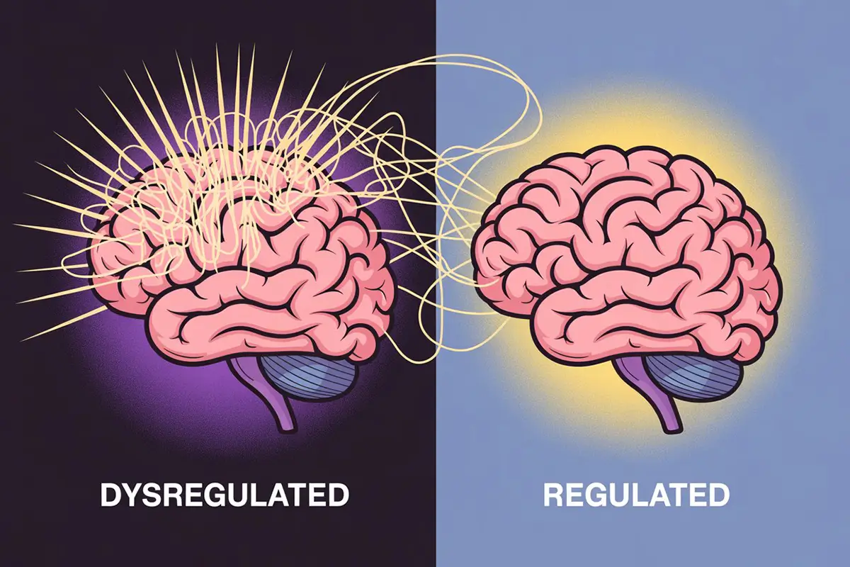 Side-by-side comparison of dysregulated brain (dark background with chaotic energy spikes) versus regulated brain (calm blue background with harmonious energy) showing the biological basis for effective manifestation.