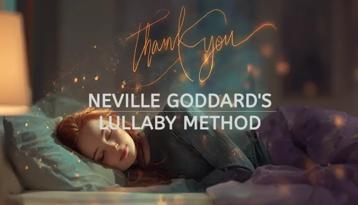 Neville Goddard's Lullaby Manifestation Method Woman peacefully sleeping in bed with "thank you" text floating above her, illustrating Neville Goddard's Lullaby Method manifestation technique