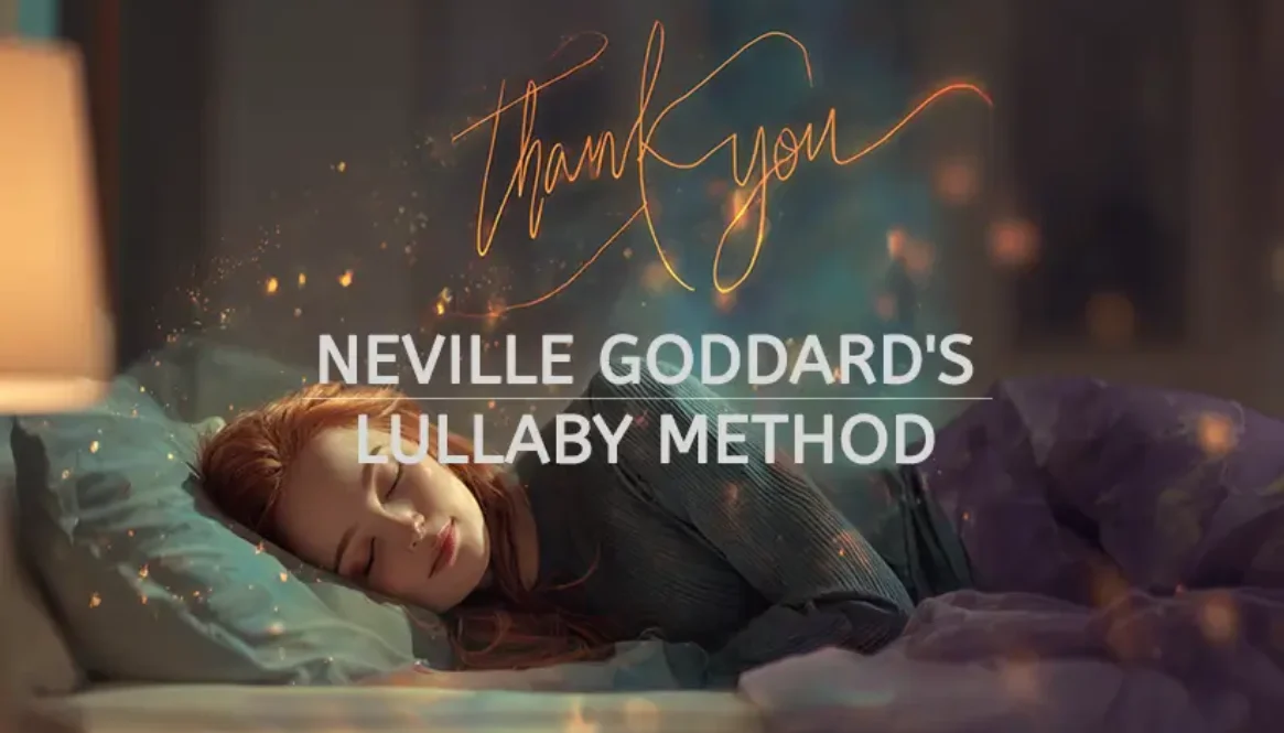Woman peacefully sleeping in bed with "thank you" text floating above her, illustrating Neville Goddard's Lullaby Method manifestation technique
