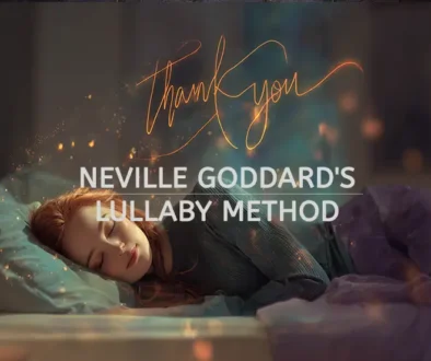 Woman peacefully sleeping in bed with "thank you" text floating above her, illustrating Neville Goddard's Lullaby Method manifestation technique