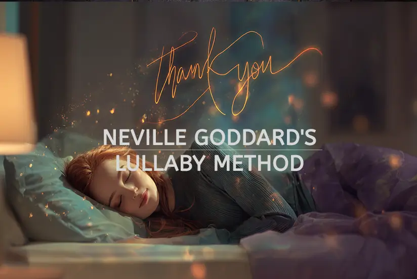 Woman peacefully sleeping in bed with "thank you" text floating above her, illustrating Neville Goddard's Lullaby Method manifestation technique
