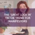Woman sitting at desk with vision board and manifestation materials, overlaid with text 'The Great Lock In TikTok Trend for Manifestors' - illustrating the viral wellness challenge for personal transformation