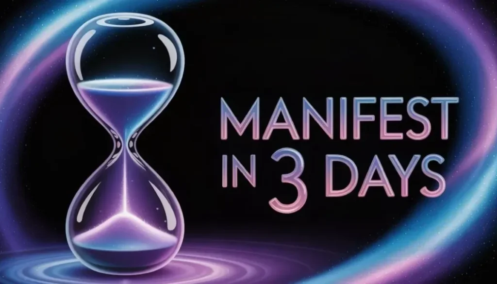 An elegant, faint hourglass positioned subtly in the background, made of translucent glass and glowing softly in violet-blue tones with text overlay "manifest in 3 days, symbolizing Neville Goddard manifesting in 3 days process