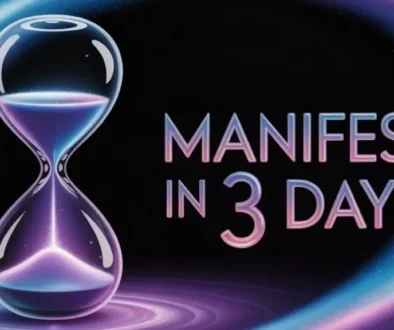 An elegant, faint hourglass positioned subtly in the background, made of translucent glass and glowing softly in violet-blue tones with text overlay "manifest in 3 days, symbolizing Neville Goddard manifesting in 3 days process